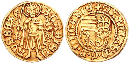 Forint of Matthias Corvinus of Hungary (1458–1490). Obverse: S[ANCTVS] LADISLAVS REX. Reverse: MATHIAS D[EI] G[RATIA] R[EX] VNGARIE.