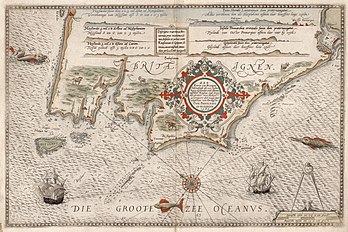 Mapa náutico em aquarela do século XVI mostrando a costa oeste da Bretanha. Este mapa faz parte do primeiro atlas marítimo impresso do mundo, o atlas Spieghel des Zeevaerdt (Espelho de Navegação), do cartógrafo e navegador neerlandês Lucas Janszoon Waghenaer. A placa vem da edição latina de 1586. As inscrições estão em neerlandês, francês e latim. (definição 6 312 × 4 208)