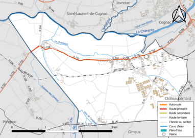 Carte en couleur présentant le réseau hydrographique de la commune