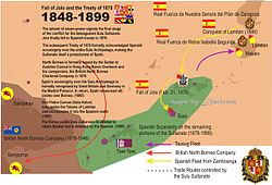 The Madrid Protocol in 1885 making North Borneo under the control of British North Borneo Company while the Sulu Archipelago and the rest of the Philippines islands were under the control of Spanish East Indies. 1848-1899 sulu ph.jpg