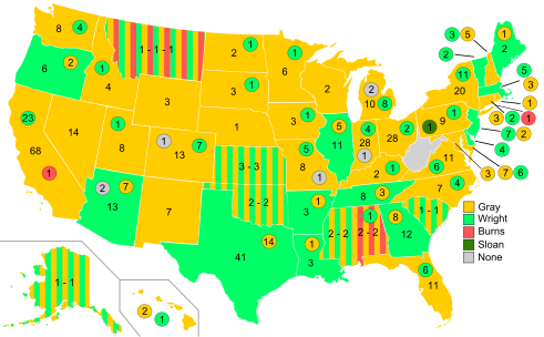 Detailed map on the 2012 vote for the vice presidential nomination by individual state delegations 2012LibertarianVicePresidentialNominationVotePathed.svg