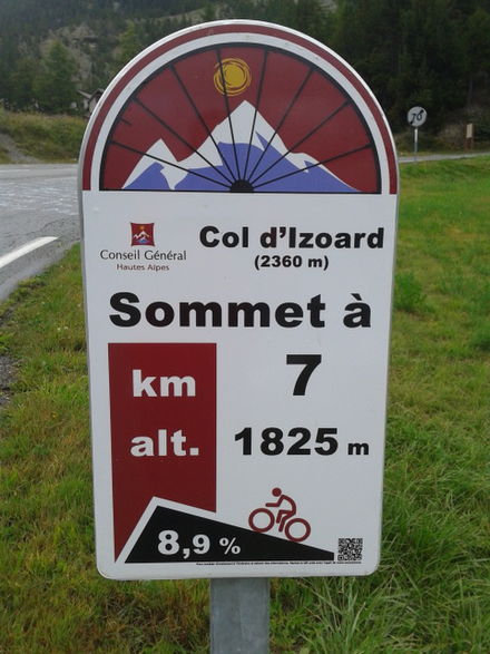 One of the mountain pass cycling milestones placed along the climb to the Col d'Izoard in the French Alps