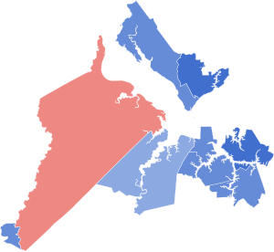 2016 general election in Virginia's 3rd congressional district by county and independent city.svg