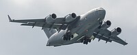 A US Air Force C-17 Globemaster III, tail 00-0171, on final approach to Kadena Air Base in Okinawa, Japan. It is assigned to the 176th Wing of the Alaska Air National Guard, and is originally from Joint Base Elmendorf–Richardson in Anchorage, Alaska.