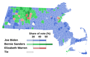 Share of the vote by city and town 2020 Democratic Presidential primary election in Massachusetts by municipalities.svg