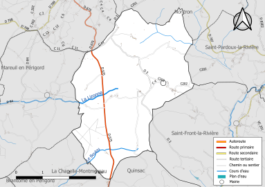 Carte en couleur présentant le réseau hydrographique de la commune