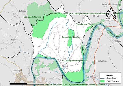 Carte des ZNIEFF de type 1 sur la commune.