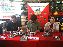 Fred Van Lente, Greg Pak and Mark Paniccia at a signing for Alpha Flight, vol. 4 #1 at Midtown Comics Downtown in Manhattan, June 18, 2011. 6.18.11VanLentePakPanicciaByLuigiNovi2.jpg