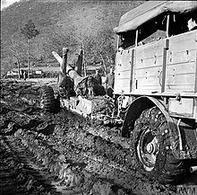 99 Battery of 74th Medium Regiment struggles to bring a 5.5-inch gun into action during the winter fighting at Monte Camino. 74th Medium Regiment in Italy.jpg