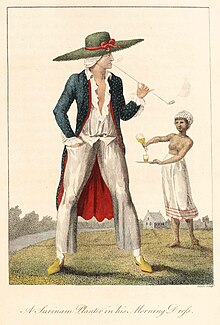 A Dutch plantation owner and female slave from William Blake's illustrations of the work of John Gabriel Stedman, published in 1792-1794. A Surinam Planter in his Morning Drefs (Dress), by John Gabriel Stedman, 1796.jpg