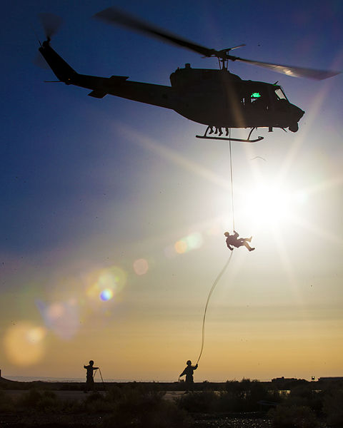 File:A U.S. Marine, top, with the 26th Marine Expeditionary Unit's Maritime Raid Force rappels from a UH-1N Iroquois helicopter assigned to Marine Medium Tiltrotor Squadron (VMM) 266 during a helicopter rope 130611-M-SO289-013.jpg