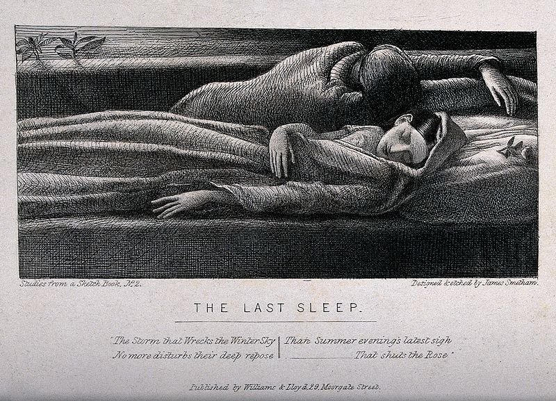 File:A dead woman lies on a bed with another figure behind her. E Wellcome V0042277.jpg
Title	
A dead woman lies on a bed with another figure behind her. E
Description	
A dead woman lies on a bed with another figure behind her. Etching by James Smetham.

Iconographic Collections
Keywords: James Smetham

Credit line	
Wellcome Trust logo.svg	
This file comes from Wellcome Images, a website operated by Wellcome Trust, a global charitable foundation based in the United Kingdom. Refer to Wellcome blog post (archive).
This tag does not indicate the copyright status of the attached work. A normal copyright tag is still required. See Commons:Licensing.

References	
Library reference: ICV No 42864
Photo number: V0042277
Full Bibliographic Record: http://catalogue.wellcomelibrary.org/record=b1195540
Source/Photographer	
https://wellcomeimages.org/indexplus/obf_images/08/a0/f65db0e9d09a74a2477ed2034290.jpg

Gallery: https://wellcomeimages.org/indexplus/image/V0042277.html
Wellcome Collection gallery (2018-03-21): https://wellcomecollection.org/works/pwtuvrcz CC-BY-4.0
Licensing
w:en:Creative Commons
attribution	This file is licensed under the Creative Commons Attribution 4.0 International license.