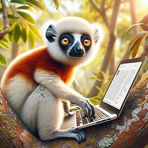 AI-generated image of a Coquerel's sifaka, a white, brown, and black lemur, sitting in a tree editing Wikipedia on a computer