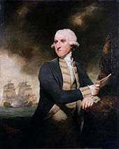 Painting of an elderly man in a wig, wearing naval uniform and holding a sheet of paper in his right hand. In the background two ships in full sail are visible.
