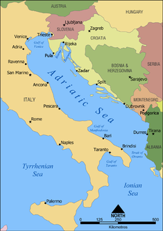 Adriatic Sea Body of water between the Italian Peninsula and the Balkan Peninsula