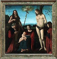 Antonio Giovanni Boltraffio - Madonna and child with St Giovanni Battista, St Sebastian and two donors.jpg