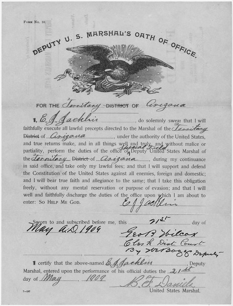 File:Appointment and Oath of Office for E. J. Jacklin as Special Field Deputy Marshal in the Territory of Arizona. - NARA - 295765.tif