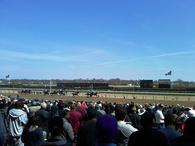 Spectators watching the finish of a race on Aqueduct's Main Track