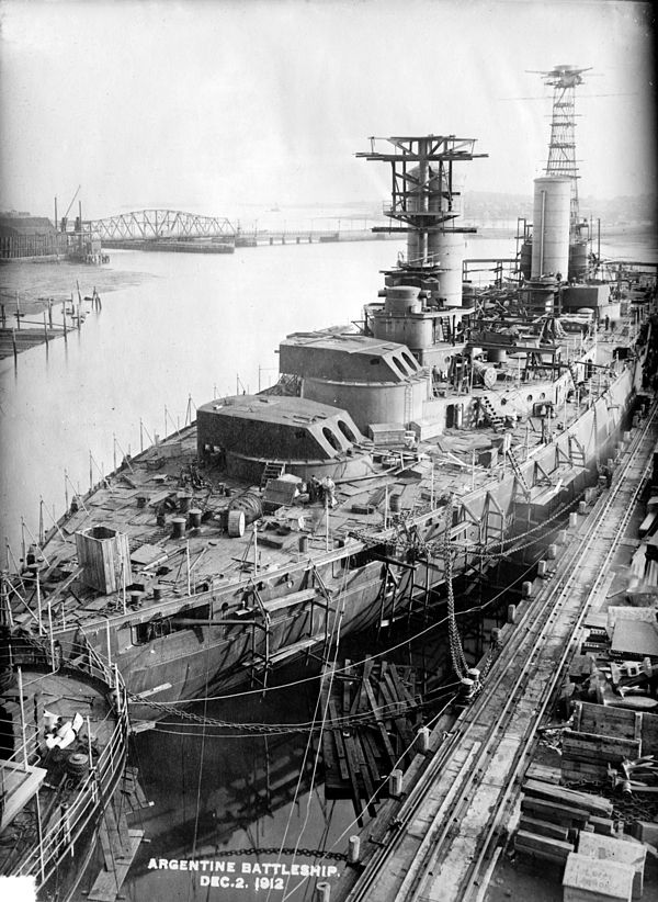 Rivadavia-class battleship under construction in the US for the Argentine Navy. Photo taken in 1912. Two ships of this class entered service in 1914–1
