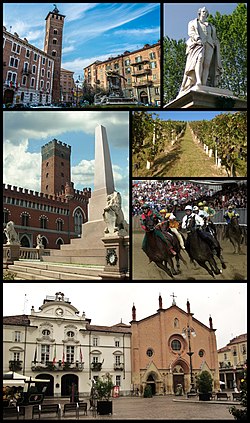 Top left: Piazza Medici (Medici Square) and Troyana Tower, Top right: A monument of Vittorio Alfieri in Piazza Alfieri (Alfieri Square), Middle left: Piazza Roma (Rome Square) and Comentina Tower, Middle upper right: vineyards in مونقاردینو, Middle lower right: Palio di Asti Festival on September, Bottom: town hall and San Secondo church