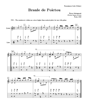 French Renaissance style lute tablature, with corresponding notation for guitar (with capo on third fret or tuned up a minor third): a simple Renaissance dance, printed by Pierre Attaingnant. Attaingnant--branle-de-poictou.png