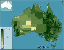 Adults over the age of 15 in Australia employed in agriculture, forestry, and fishing by percentage. Based on 2011 Australian Census Data. Australian Census 2011 demographic map - Australia by SLA - BCP field 7334 Agriculture forestry and fishing Total.svg