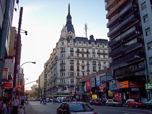 French Academy architecture lost among its modern surroundings, Corrientes and Pueyrredón Avenues.