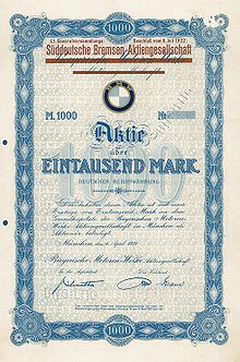 Share certificate with the BMW logo showing the change of name from Bayerische Motoren Werke to Süddeutsche Bremsen in 1922