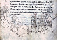 Un manuscrito medieval y una imagen en tinta del rey Esteban en la batalla de Lincoln