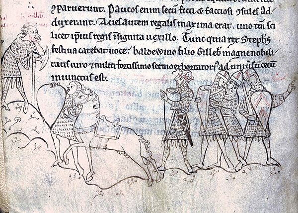 Near contemporary illustration of the Battle of Lincoln; Stephen (fourth from the right) listens to Baldwin of Clare orating a battle speech (left)