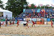 Deutsch: Beachhandball Europameisterschaften 2019 (Beach handball Euro); Tag 6: 7. Juli 2019 – Spiel um Platz Drei, Männer, Ungarn-Russland 2:0 (26:20, 23:22) English: Beach handball Euro; Day 6: 7 July 2019 – Men's Bronze Medal Match – Hungary-Russia 2:0 (26:20, 23:22)