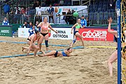 Deutsch: Beachhandball Europameisterschaften 2019 (Beach handball Euro); Tag 5: 6. Juli 2019 – Frauen, Platzierungsspiel für die Ränge 17–20, Nordmazedonien-Slowenien 0:2 (10:13, 9:15) English: Beach handball Euro; Day 5: 6 July 2019 – Placement Match/Cross Match for rank 17–20 Women – North Macedonia-Slovenia 0:2 (10:13, 9:15)