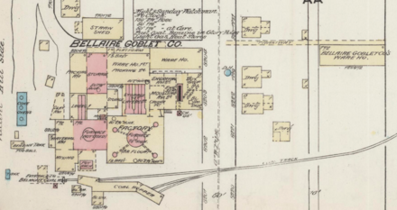 The main Bellaire Goblet glass works in Bellaire during 1884 Bellaire Goblet Co insurance map 1884.png