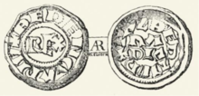 A silver denarius issued by Berengar (who is named on the obverse) and Adalbert (who is named on the reverse). The reverse reads Papia for Pavia. BerAd01.png