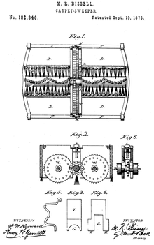 Illustration from the Bissell's 1876 patent Bissell Carpet Sweeper USPatent 182346.png