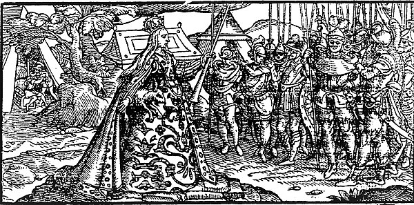 Boudica depicted as a Tudor queen in Holinshed's Chronicles (1577)