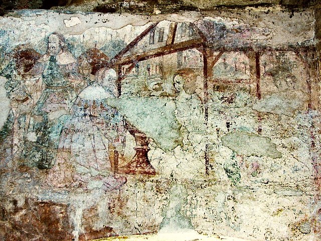 The Adoration of the Magi wall painting (considerably enhanced to bring out the faint detail).
