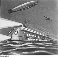 Concept for a luxury Ocean-Express for the Atlantic passage Hamburg - New York City or vice versa with a duration of 40 hours! In the 1931 vision of the German engineer Ing. A. Benz, this ship would have been operational in 2000 (countdown t=–11 years)