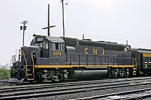 GP40P 3676 operating on the Central Railroad of New Jersey. CNJ 3676 at Bay Head, NJ in August 1971 (25433986063).jpg