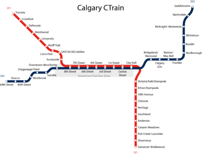 Calgary Light Rail System Map as of 2023 Calgary CTrain Map.png