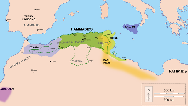 1050년경 함마디드 영토(녹색)와 특정 시기에 통제된 확장된 영토(점선)
