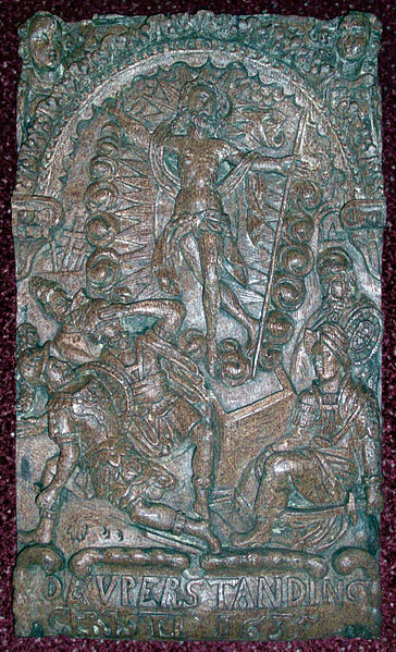 File:Carving of De Uperstanding Christi 1635 (The Anastasis of Christ). Harwood Church. Photo Phillip Medhurst 2009.jpg
