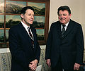 Secretary of Defense Caspar Weinberger meets with Bavarian Prime Minister Franz Josef Strauß in the Pentagon (1982)