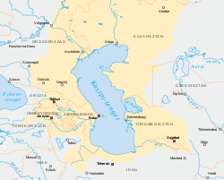 A Kaszpi-tenger környezete. Sárga színnel a vízgyűjtő terület van jelezve