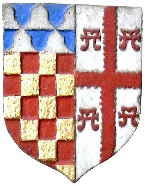 Heraldic escutcheon on the monument to Sir John Chichester (died 1569) of Raleigh in Pilton Church, Devon. Showing arms of Chichester impaling Bourchi