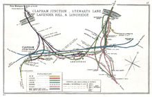 The approaches to Victoria Station in 1912. The line leading to the station is top right, the 'Brighton line' (shown in green) is bottom left and the 'Chatham line' (pink) bottom right. The connection to the GWR and LNWR (purple) is top left. Clapham Junction, Stewarts Lane, Lavender Hill & Longhedge RJD 17.jpg