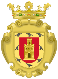 The colonial coat of arms of Cusco, created in 1540, with the abstract: "A shield that contains a golden castle in a red field, in memory [of] that the said city and its castle were conquered by force of arms in our service. And by border eight condures, in memory that at the time that the said city was won, came down to eat the notable figures and dead that died in it, which are in the gold field". Coat of Arms of Cusco (Colonial).svg