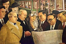 Portion of Coit Tower mural (San Francisco), by Lucian Labaudt, featuring Eleanor Roosevelt. Created in the New Deal's Public Works of Art Project, 1934. Coit Tower Mural ER.jpg