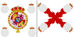 King's and Regimental Colors of the Foot Regiments of Royalist Army modeled on the Cross of Burgundy flag (the local coat of arms would replace the grey circles represented here).
Motto: Por la Religion, la Patria y el Rey. Viva Fernando VII Coronela.png