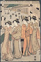 Courtesans in front of the Great Gate (Ōmon) of the Shin-Yoshiwara pleasure district, 1780s.